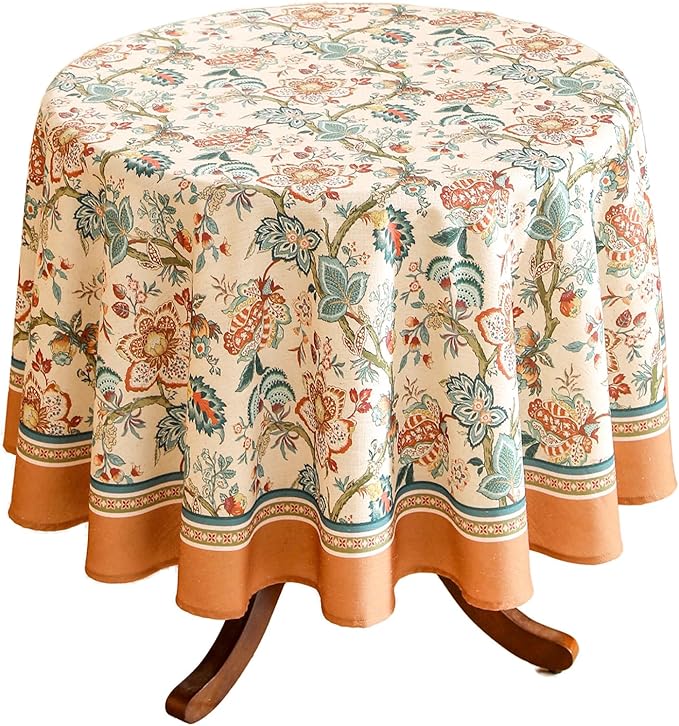 Designer Linen Round Tablecloth,Vintage Indian Style Wrinkle Free Block Print Table Cloth,Decorative Table Cover for Kitchen,Dining,Party,Thanksgiving,Christmas,Diameter 67"-Mangala