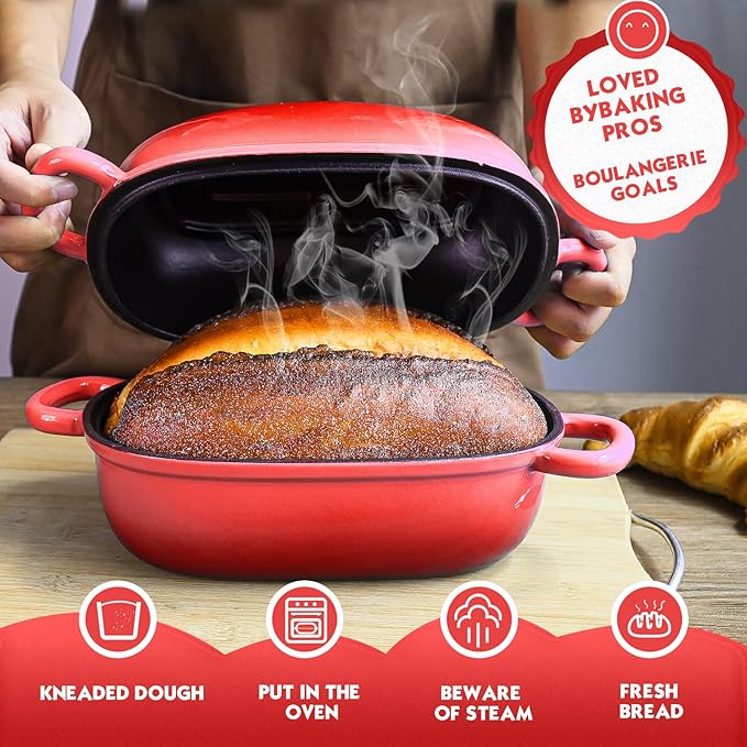 Dutch Oven for Bread Baking 9x6 Inch - 2.5QT Bread Pans for Homemade Bread Cast Iron Bread Pan Dutch Oven Loaf Pan with Lid and Loop Handles for Homemade Breadmaking, Red