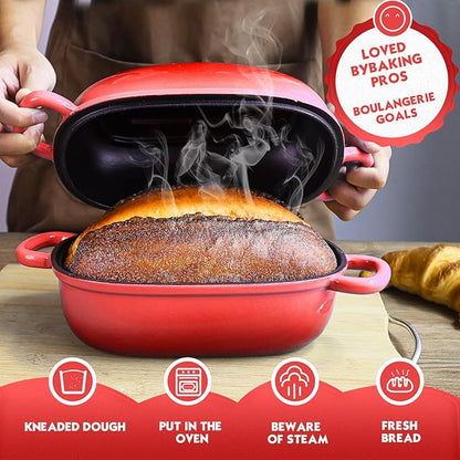 Dutch Oven for Bread Baking 9x6 Inch - 2.5QT Bread Pans for Homemade Bread Cast Iron Bread Pan Dutch Oven Loaf Pan with Lid and Loop Handles for Homemade Breadmaking, Red