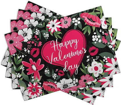 Happy Valentine's Day Placemats Set of 4 Valentine Flowers Love Heart Place Mats Pink Red White Floral Linen Table Mats Seasonal Black Placemat for Anniversary Wedding Party Kitchen Dining Decor