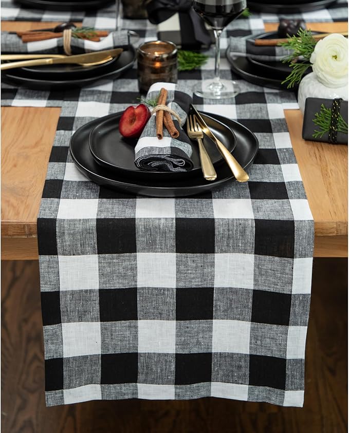 Solino Home Linen Checkered Table Runner 48 Inches - 100% Pure Linen Black and White Buffalo Check Table Runner 14 x 48 Inch Ideal for Dresser and Coffee Tables - Winter