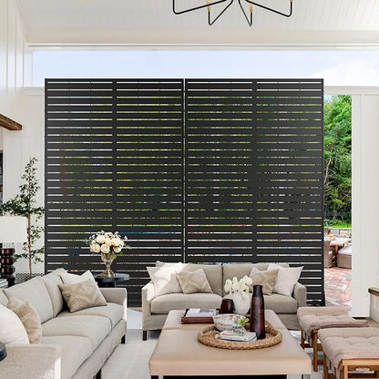 Metal Privacy Screen Outdoor 72" H×44" W,Freestanding Decorative Privacy Screen for Balcony Yard&Garden,Privacy Fence Black&Louvered(5 Panels)