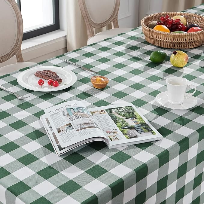 Softalker Spring Checkered Tablecloth Rectangle - Outdoor Waterproof Buffalo Plaid Table Cloth, Stain Resistant Gingham Table Cover for Picnic, Camping, Easter - Hunter Green and White, 54 x 108 Inch