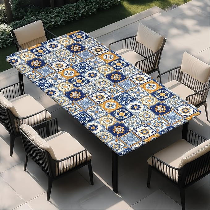 Rectangle Table Cloth Cover Waterproof Elastic Fitted Polyester Fitted Tablecloths for 4 Foot Tables for Indoor,Picnic, Camping, Outdoor （48" x 30"，Bohemian Style）