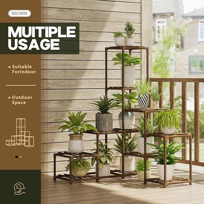 Bamworld Plant Stand Indoor Corner Plant Shelf Wood Plant Holder 13 Pots - Image 2