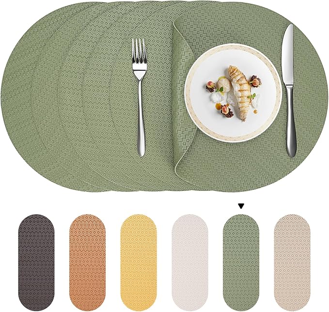 Round Faux Leather Placemats Set of 6 – 13 Inch Vinyl Mats, Heat Resistant, Non Slip, Wipeable & Washable, Easy to Clean Dining Table Decor for Kitchen & Holiday Gatherings（Olive Green）