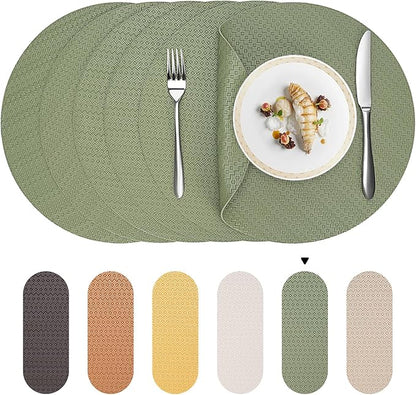 Round Faux Leather Placemats Set of 4 – 13 Inch Vinyl Table Mats, Heat Resistant, Non Slip, Wipeable & Washable, Easy to Clean Dining Table Decor for Kitchen & Dining Room（Olive Green）