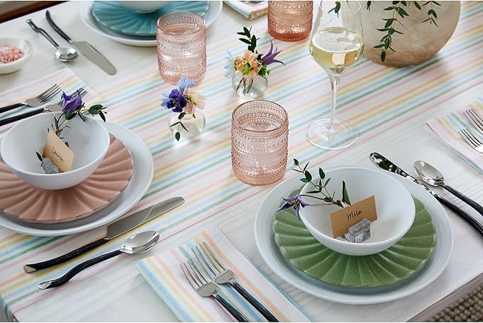 Solino Home Linen Table Runner 120 Inches Long - Julia, 100% Pure Linen Multicolor Muted Pastel Stripe Farmhouse Table Runner 14 x 120 Inch for Dining, Spring, Easter