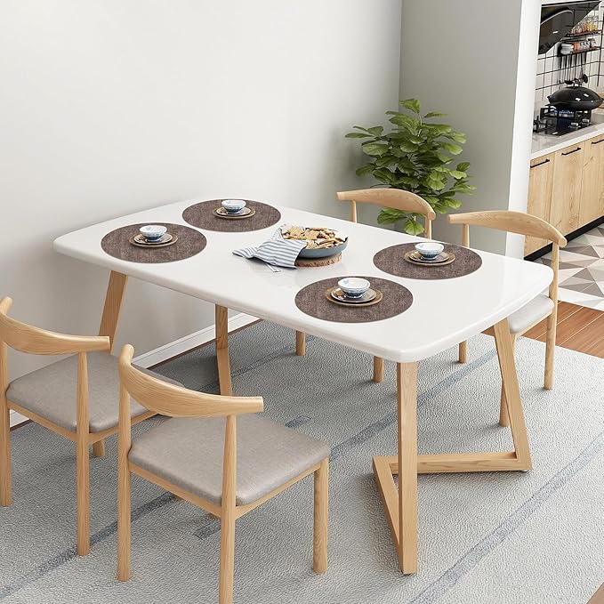 Homaxy Round Faux Leather Placemats and Coasters, Washable Dual-Side Table Mats, Wipeable Heat-Resistant Dining Place Mats for Outdoor and Indoor, Set of 8, Diameter 13 and 3.93 inch, Dark Brown