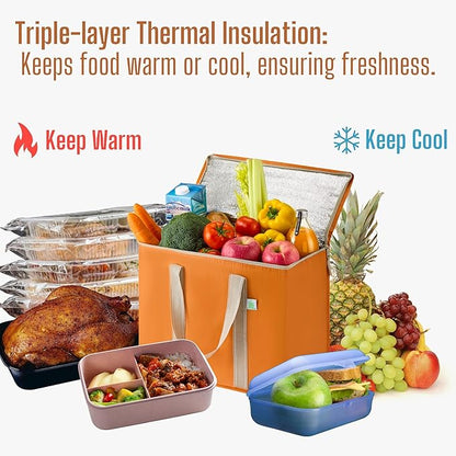 VENO 2 Pack Cooler Bag and Insulated Grocery Bags for Food Delivery, Collapsible Cooler. Reusable Shopping Bags for Groceries with Hard Bottom, Zippered, Foldable, Heavy-Duty (Autumn Orange, 2 Pack)