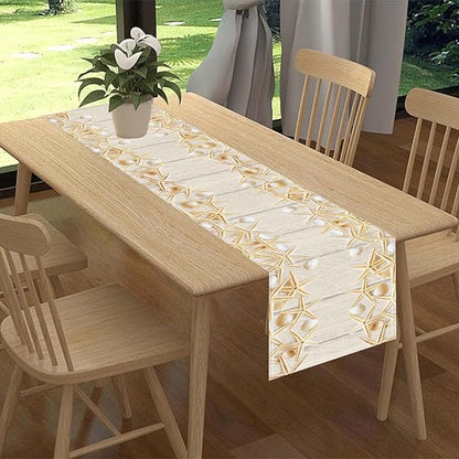 Summer Table Runner, Rustic Wood Plank Beach Starfish Seashells Coastal Nautical Tropical Ocean Farmhouse Table Center Decor for Home Kitchen Dining Patio Indoor Outdoor Decorations, 13"x36" Inch