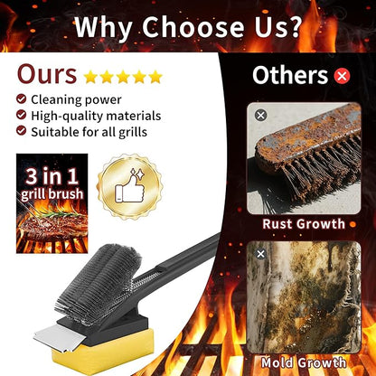 BBQ Grill Brush with Scraper-Removable BBQ Clearning Brush Head with Wire Bristles Brush & 2 Steam Brush-Black Grill Cleaner Brush Accessories for Gas/Charcoal Grilling Grates-Gifts for Grill Men