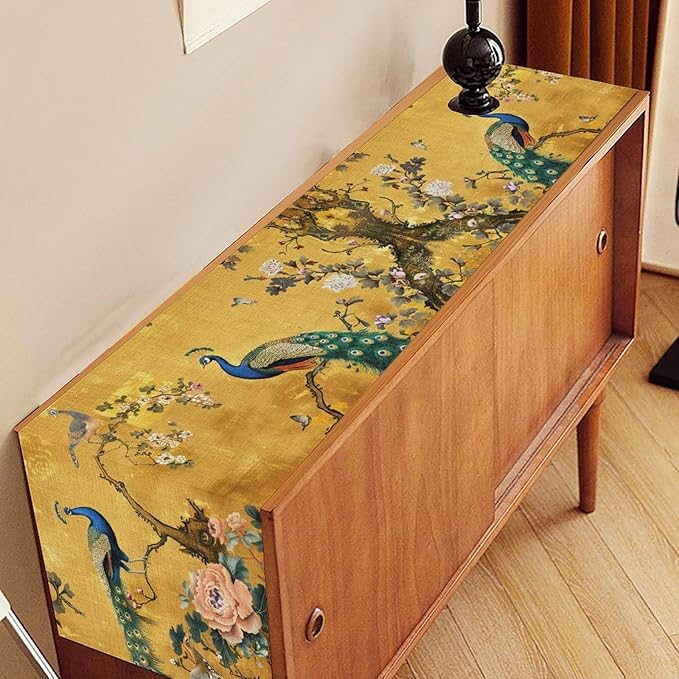 Peacock Table Runner,Golden Vintage Asian Chinese Style Peony Floral Branch Table Center Decor for Family Kitchen and Living Room Outdoor Farmhouse Party Table Decorations, 13"x108"