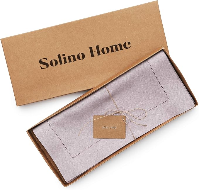Solino Home Linen Table Runner 36 Inches - 100% Pure Linen Lilac Hemstitch Table Runner 14 x 36 Inch Ideal for Dresser and Coffee Tables, Valentines, Spring, Easter - Classic Hemstitch