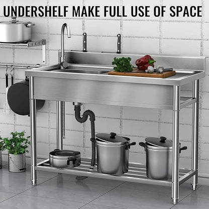 Stainless Steel Sink, Free Standing Kitchen Sink with Countertop Workstation, Utility Sink Single Bowl with Cold and Hot Water Pipe for Kitch Laundry Room Garage Farmhouse Indoor Outdoor (39 Inch L)
