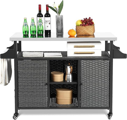 Outdoor Wicker Grill Cart with Storage Cabinet, Outdoor Moveable Bar with Rolling Wheels, Patio Prep Table with Wicker Cabinet, Kitchen Buffet Cabinet with Island, Grey