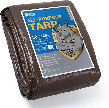 GUARD SHIELD Tarps Heavy Duty Waterproof 20x40 Feet Brown/Bright Silver Poly Tarp Cover Square Outdoor Thick UV Resistant Tarpaulin with Grommets 10mil
