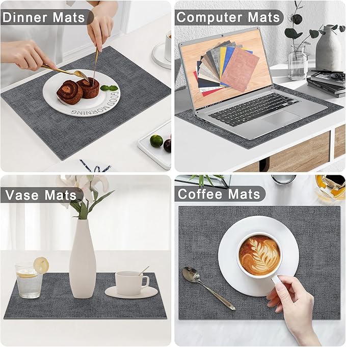 Homaxy Faux Leather Heat Resistant Placemats for Dining Table Set of 12, Waterproof Wipeable Washable PU Table Mats, Easy to Clean Anti-Slip Place Mats, 11.8" x 17", Dark Grey