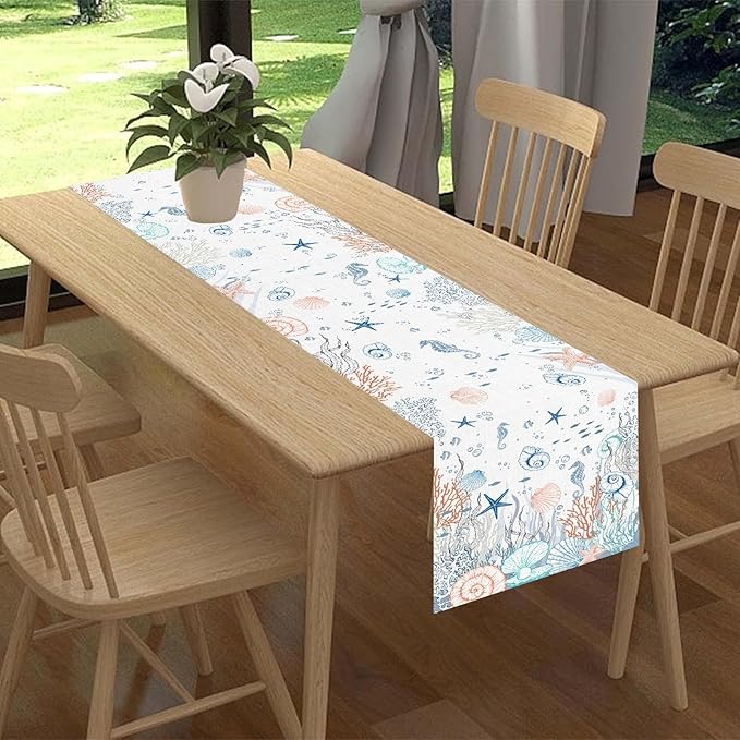 Nautical Table Runner, Summer Coastal Starfish Seahorse Seashells Coral Tropical Ocean Beach Colorful Farmhouse Coffee Table Center Decor for Home Kitchen Dining Patio Indoor Outdoor, 13"x90" Inch