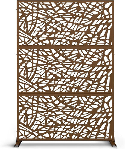 Metal Privacy Screen Outdoor 72" H×47" W,Freestanding Decorative Privacy Screen for Balcony Yard&Garden,Privacy Fence-Brown&Net