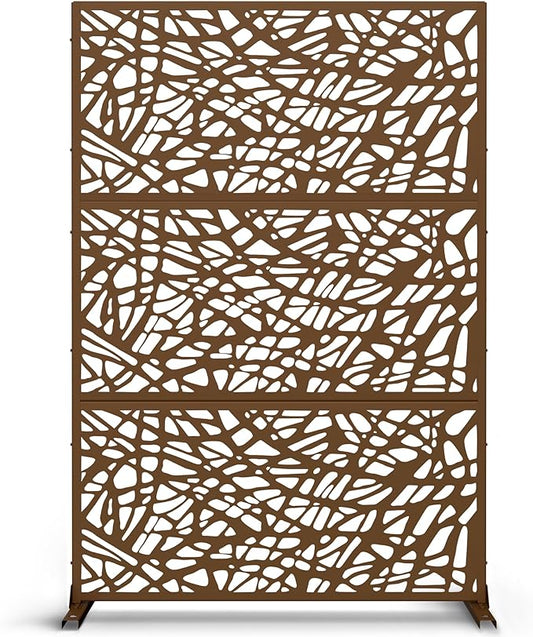Metal Privacy Screen Outdoor 72" H×47" W,Freestanding Decorative Privacy Screen for Balcony Yard&Garden,Privacy Fence-Brown&Net