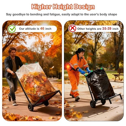 Metal Leaf Bag Holder, 50-55 Gallon Adjustable Trash Bag Holder, Height Added Design Garbage Bag Trolley with wheels,Trash Bag Holder Stand Suitable for Yard and Lawn Cleaning, Camping, and Gathering