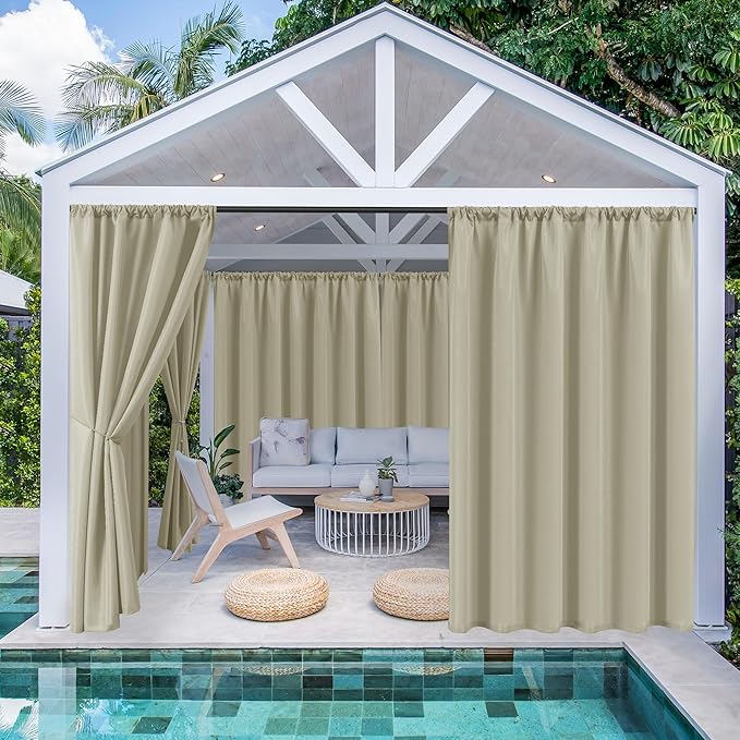 HolidayIdeas Waterproof Patio Outdoor Curtains with Rod Pocket 6 Panels- UV & Privacy Protect Weatherproof Gazebo Outdoor Drapes for Porch, Balcony, Apartment, Sliding Glass Door, Taupe, 54x95 Inch