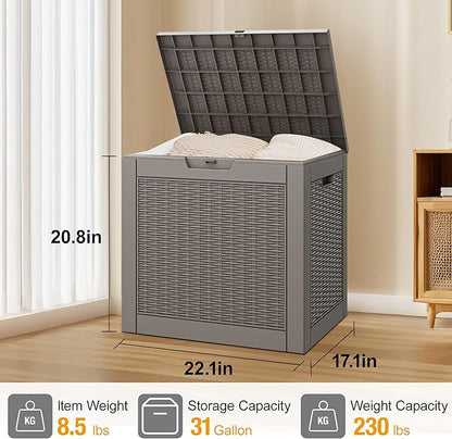 KAMABOKO 30 Gallon Outdoor Storage Box, Resin Deck Boxes Indoor and outdoor, Waterproof Storage Box Lockable Lid for Garden Tools, Package Delivery, Pool Supplies, Patio Cushions, Grey