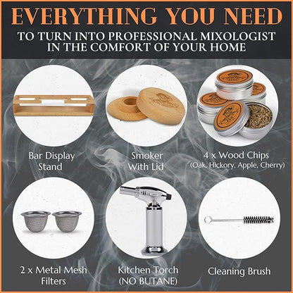 Cocktail Smoker Kit | Whiskey Smoker Kit | Bourbon Smoker kit | Old Fashioned Smoker Kit for Men with Stand, Torch & Wood Chips | Whiskey Gift for Men (No Butane Incl.)