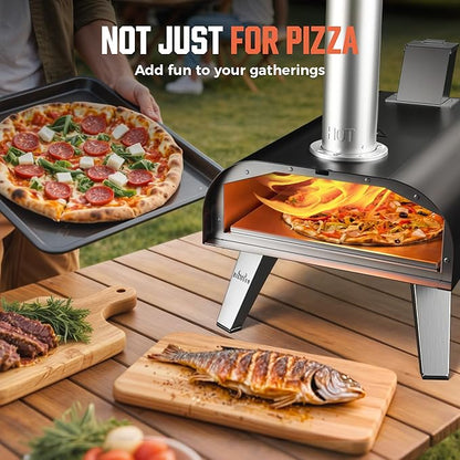 BIG HORN OUTDOORS 12" Woodfire Pizza Stone Oven, 887°F Outdoor Stainless Pizza Cooker, Portable for Party Usage, Black
