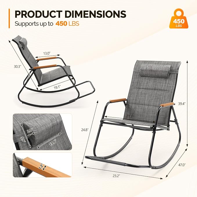 VINGLI Outdoor Rocking Chair, Textilene Mesh Patio Rocker, Outdoor Rocker - Image 3
