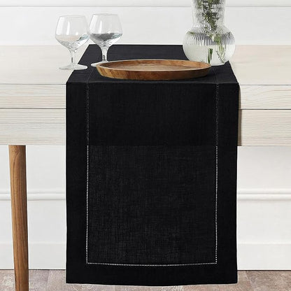 D'Moksha Homes Linen Black Table Runner 84 Inches Long - 100% Pure Linen Table Runner 14 x 84 Inch for Spring, Easter - Classic Hemstitch