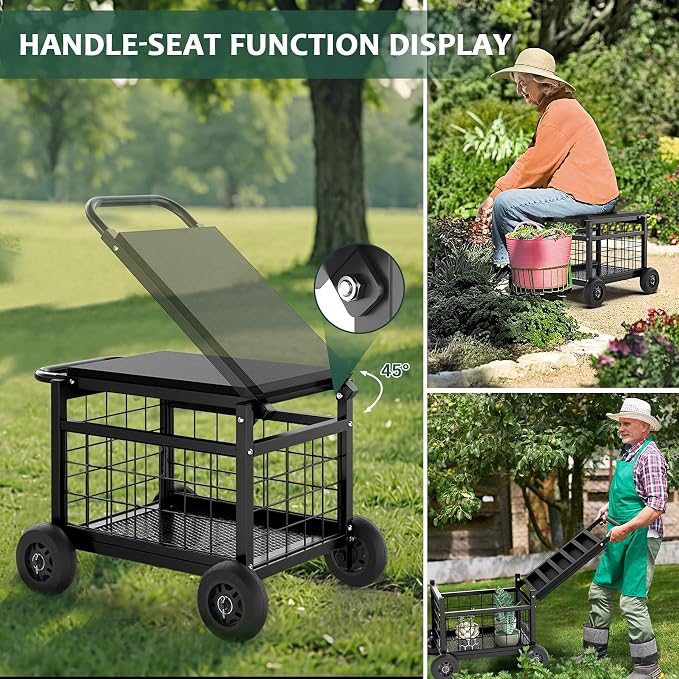 Garden Cart with Seat, 3-in-1 Rolling Seat with Wheels - Image 7