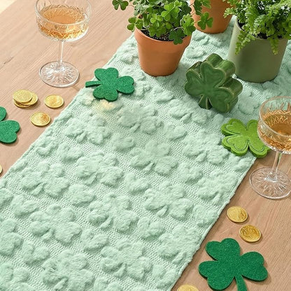 Artoid Mode Sage Green Soft Plush Faux Fur Jacquard Heart Clover St. Patrick's Day Table Runner, Seasonal Kitchen Dining Table Decoration for Home Party Decor 13x72 Inch