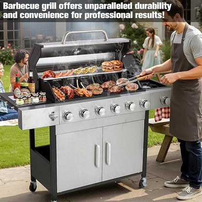CIG GARDEN 6 Burner Propane Gas Grill With Side Burner,3 in 1 Gas BBQ Grill,73000 BTU Outdoor Barbecue Propane Griddle Grill Combo for Camping, Patio, Backyard
