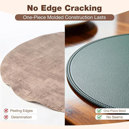 Round Vinyl Green Placemats Set of 6, Faux Leather Waterproof Wipeable Heat Resistant Place Mats, Washable Table Mats for Halloween, Thanksgiving & Christmas Dinner(Green)