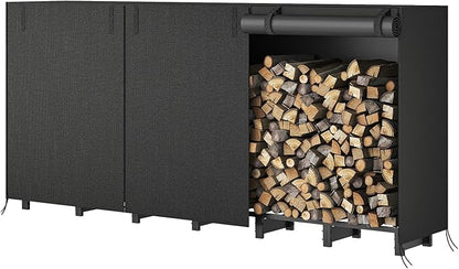 HOOBRO 8FT Firewood Rack with Cover, Outdoor Firewood Log Rack, Adjustable Log Holder with Waterproof Cover, Fireplace Wood Storage, Heavy Duty Wood Holder, for Indoor and Outdoor, Black BB02CH02