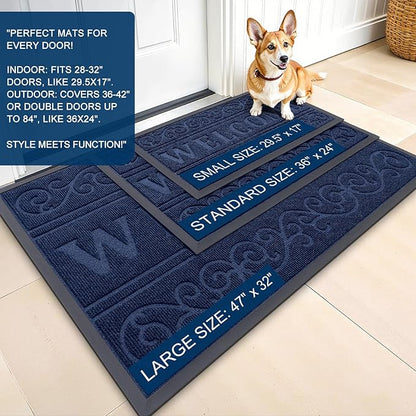 OLANLY Welcome Door Mat Indoor Outdoor Entrance, Heavy Duty Sturdy Front Door Mat, Waterproof All-Weather Doormat, Stain Resistant, Low Profile, Easy Clean Patio Entryway Mat, 36 x 24, Navy Blue