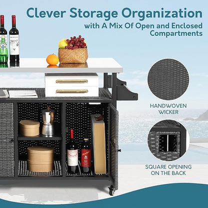 Outdoor Wicker Grill Cart with Storage Cabinet, Outdoor Moveable Bar with Rolling Wheels, Patio Prep Table with Wicker Cabinet, Kitchen Buffet Cabinet with Island, Grey