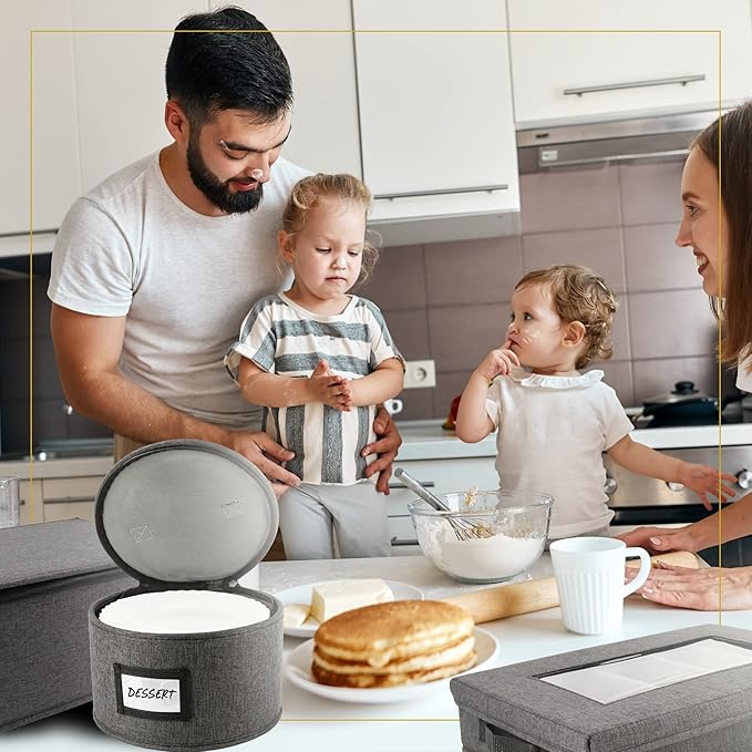 HOMELUX THEORY Hard Shell China Storage Containers for Dishes, 4pcs Plate Storage Containers with Lid, Heavy Duty Dish and Dinnerware Storage with 48 Felt Pads, Kitchen Organizers and Storage