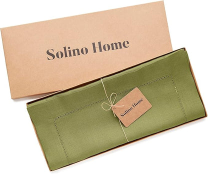Solino Home Linen Table Runner 120 Inches Long - 100% Pure Linen Avocado Green Table Runner 14 x 120 Inch for Spring, Easter, St Patricks Day - Classic Hemstitch