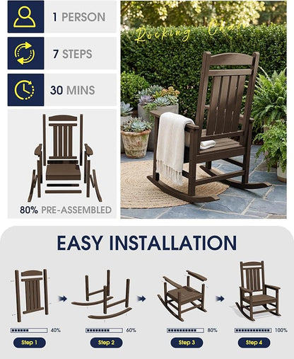 Oversized Outdoor Rocking Chair Set of 2, HDPE Porch Rocker, Coffee | - Image 7