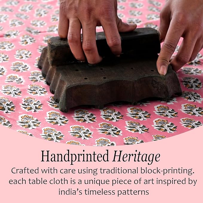 CPC Tablecloth 100% Cotton 80x120 Inch Indian Block Print Rectangle Table Cover, Washable Table Cloth for Weddings, Spring/Summer, Barbeque - Poppy Pink