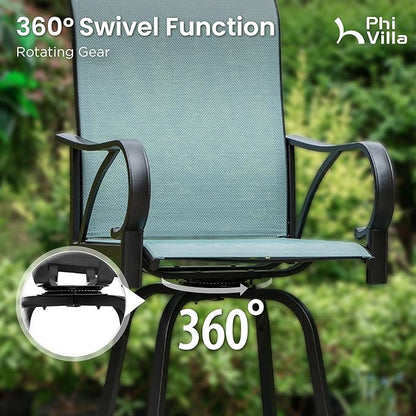 PHI VILLA 3 Piece Outdoor Bar Set, High Top Patio Bistro Table and Bar Chairs with Teal Textilene Fabric & Rustproof Metal Frame for Backyard, Balcony, Garden & Poolside