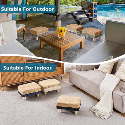 Wimarsbon Natural Seagrass Footstool Ottoman Rectangular Footrest Pouf Ottomans with Wooden Legs Hand Weave Step Stool for Living Room Bedroom Entryway Blue
