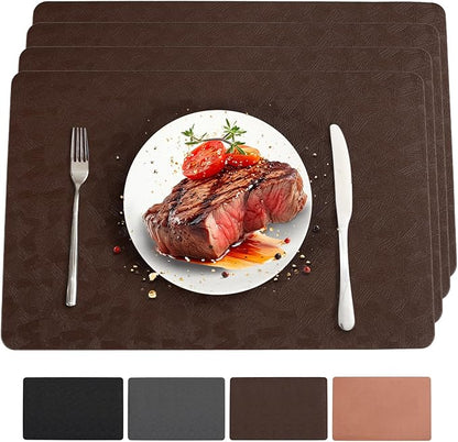 Vinyl Placemats Set of 4 Heat Resistant Easy Clean Non-Slip Place Mats for Dining Table. Faux Leather Waterproof Stain Resistant Wipeable Washable PU Table Mats(4, Brown)