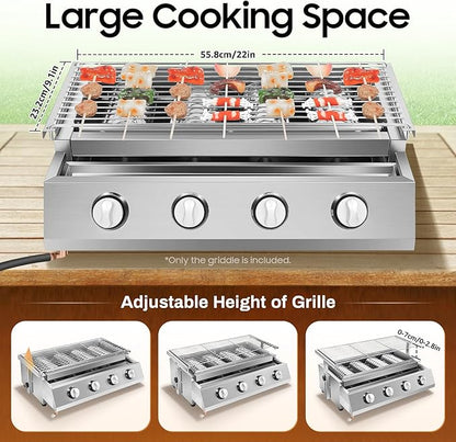Gas BBQ Grill, Tabletop Outdoor Barbecue Grill with Food Tray Adjustable Height & 4 Independent Temp Control, Portable Stainless Steel Cooking BBQ Griddle For Camping Gatherings and Outdoor Activities