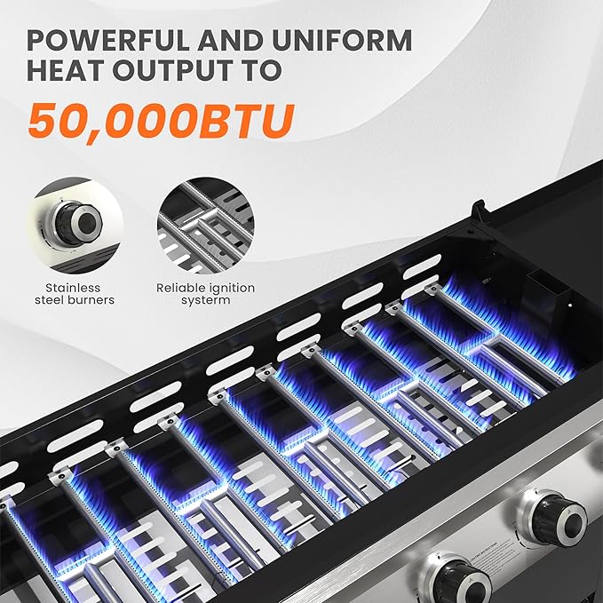36 Inch 50,000BTU,Outdoor Flat Top Gas Propane Grills with 5 Burners,Stainless Steel & Powder Coated Steel Portable Gas Griddle with Side Shelves for BBQ,Camping,Backyard