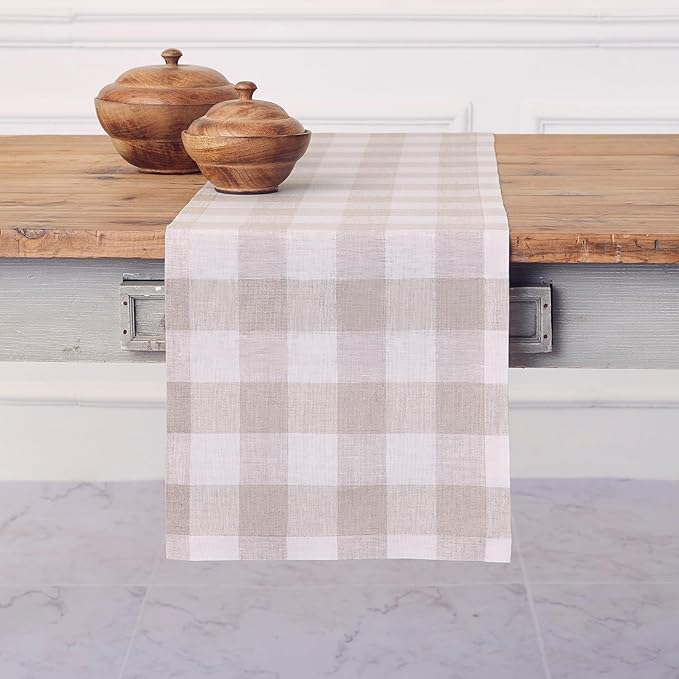 Solino Home Linen Checkered Table Runner 60 Inches - 100% Pure Linen Natural and White Buffalo Table Runner 14 x 60 Inch Ideal for Dresser and Coffee Tables - Spring, Easter