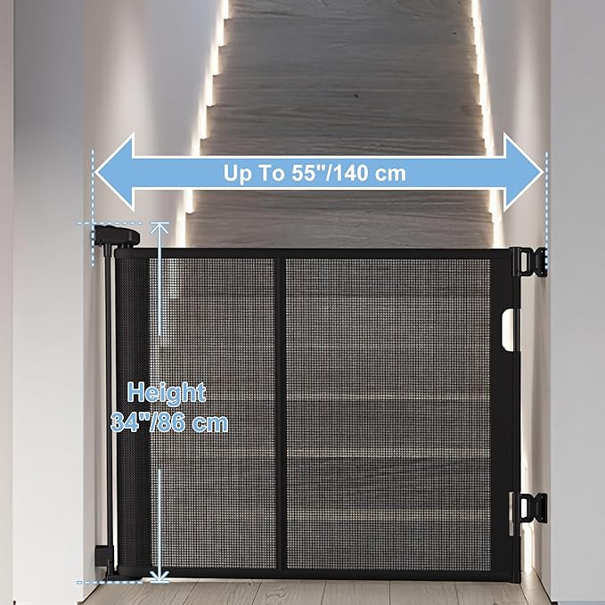 55 inches Retractable Baby Gate, 34 inches Tall Extra Wide Pet Gate for Stairs, Hallways and Doorways, Indoor Outdoor Safety Gate for Toddlers & Small Dogs, Black